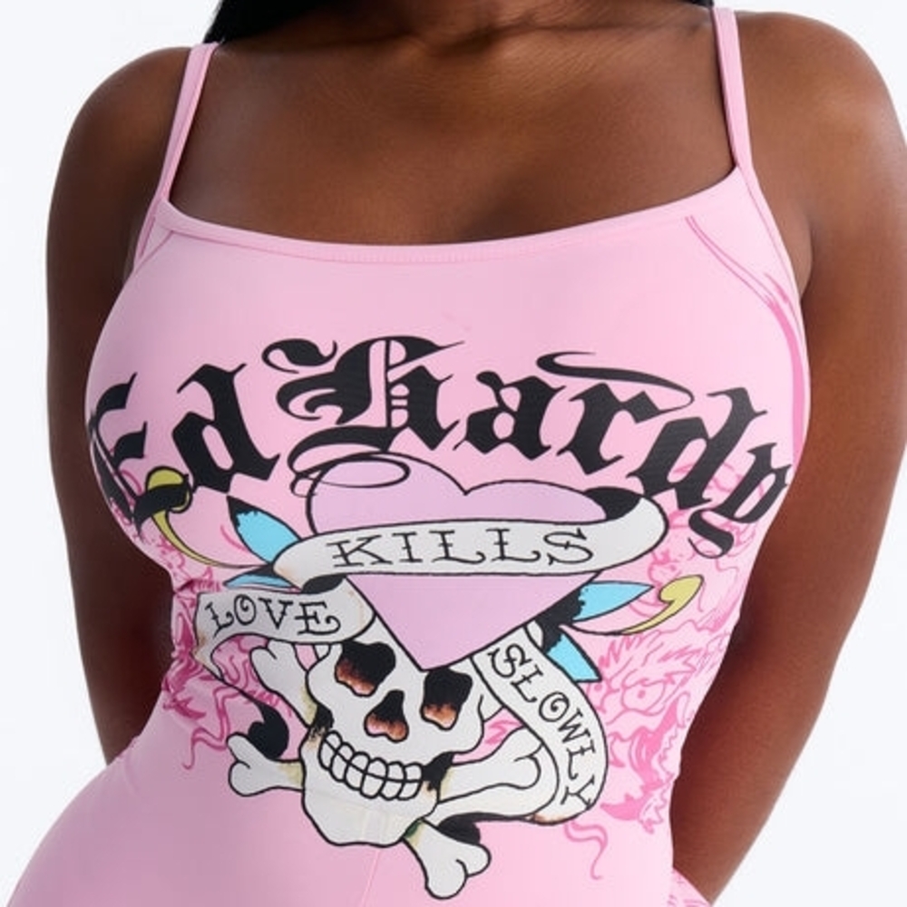 Ed Hardy Pink Skull Graphic Sleeveless Romper - Picture 8 of 12